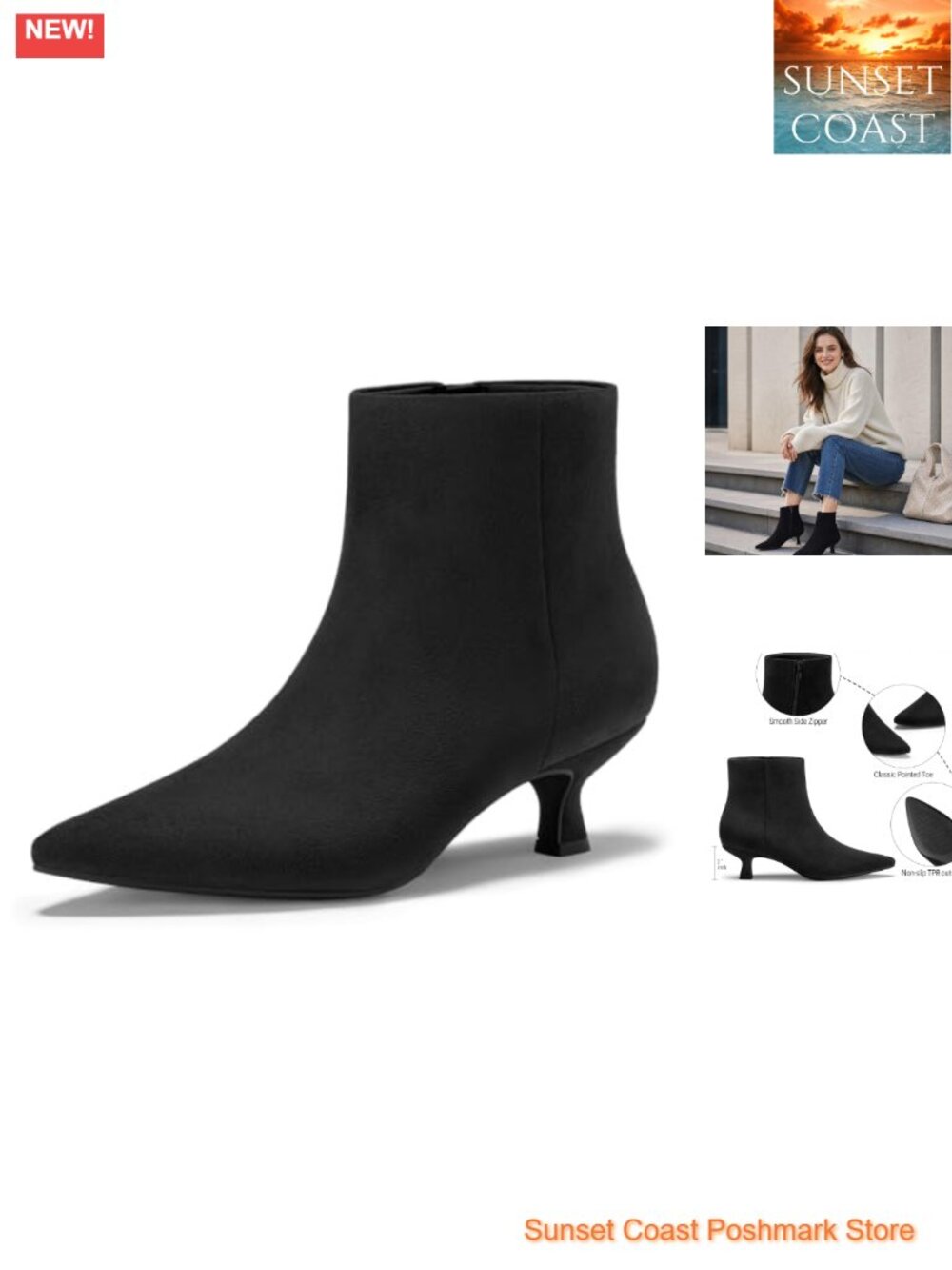 Kitten Heel Ankle Boots Pointed Toe Side Zipper Suede